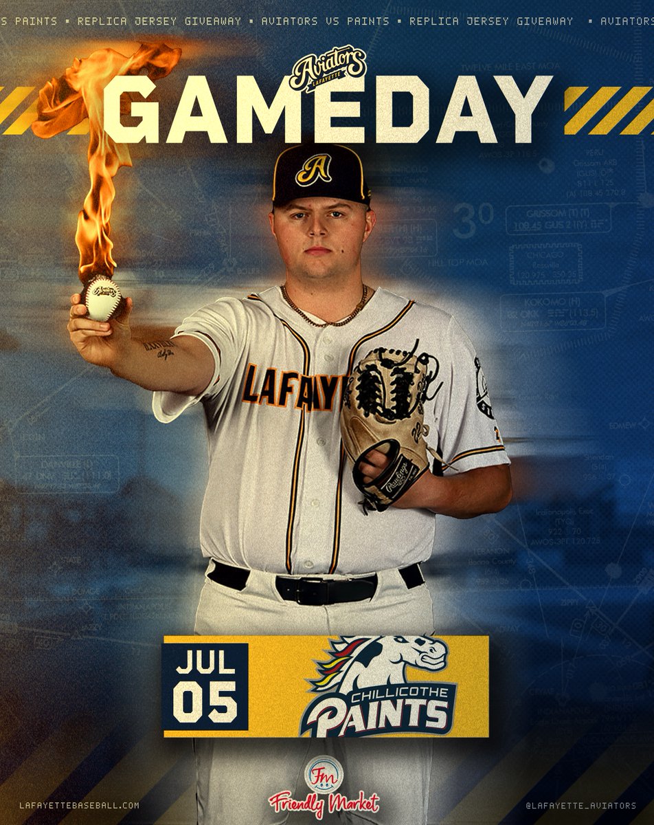It’s GAMEDAY!

Join us TONIGHT, July 5th as the Lafayette Aviators face off against the Chillicothe Paints! Gates will open at 6:00 PM- the first 250 kids will receive a replica navy jersey.

🎟️ First pitch at 7:00 PM
📍 Proudly sponsored by Friendly Market