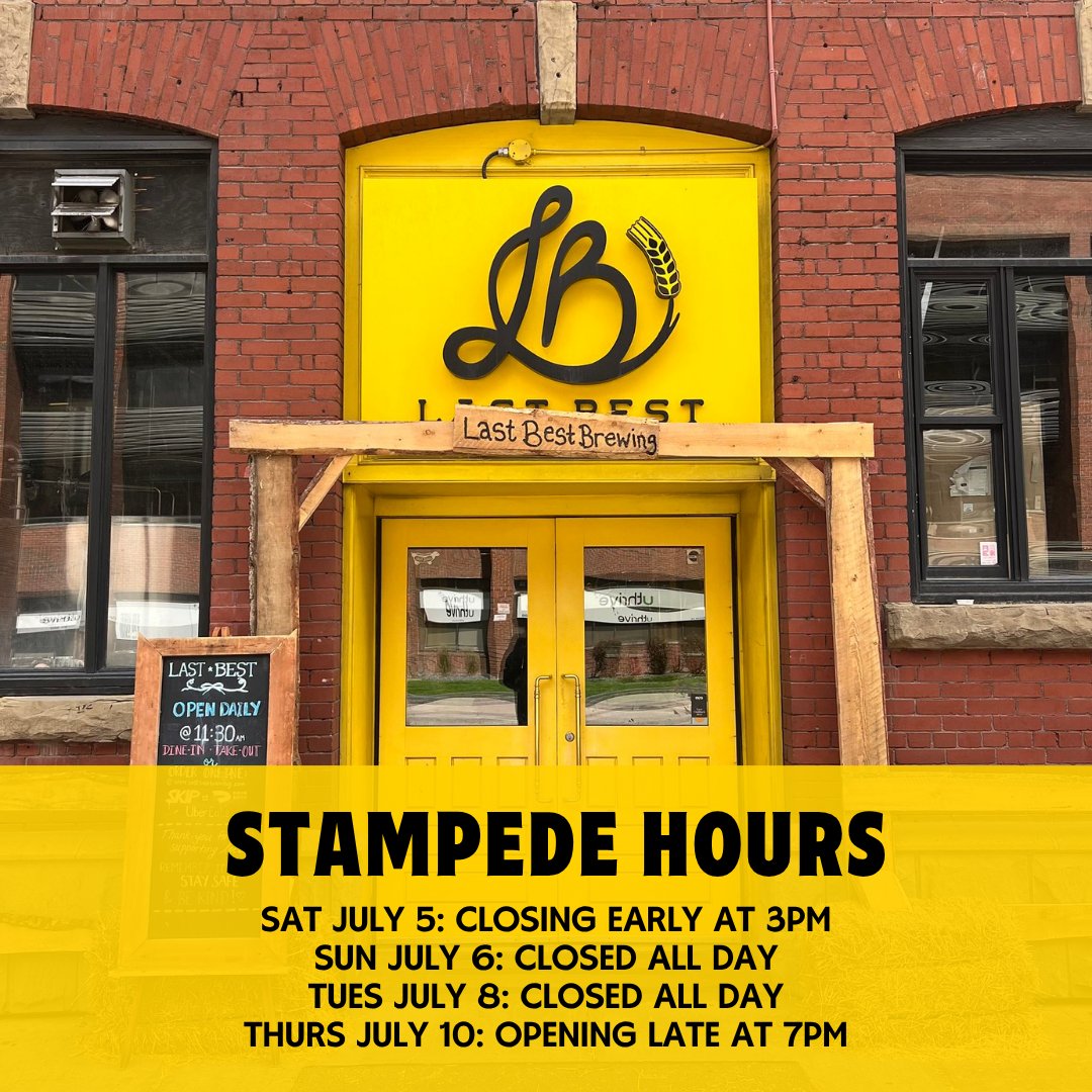 Happy Stampede! 🤠

We're excited to host y'all this week but heads up, we're closed for a few private events:
Saturday, July 5th: Closing early at 3pm
Sunday, July 6th: Closed all day
Tuesday, July 8th: Closed all day
Thursday, July 10th: Opening late at 7pm