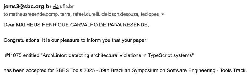 Paper "ArchLintor: detecting architectural violations in TypeScript systems" accepted at SBES Tools with Matheus Resende and Rafael S. Durelli.
