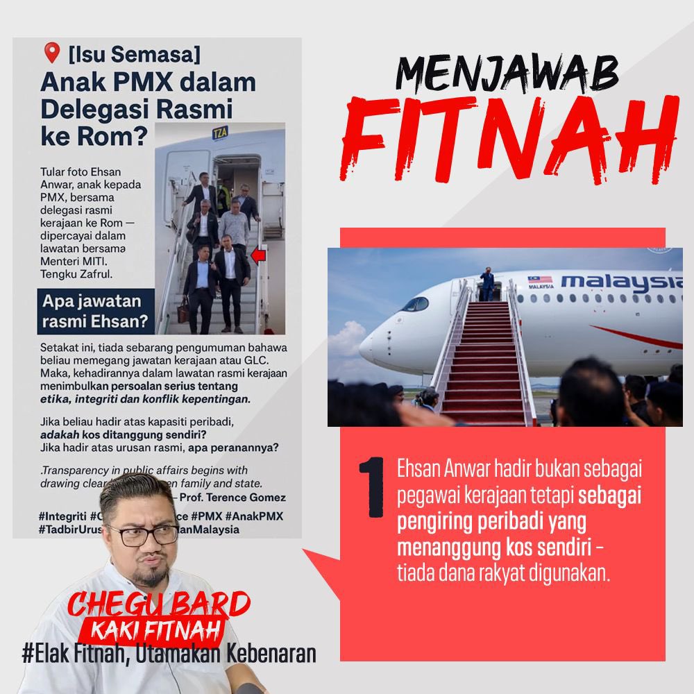AteKome3's tweet photo. 🇲🇾 Fakta Penting Mengenai Lawatan YAB PMX ke Eropah : Elak Fitnah, Utamakan Kebenaran

1️⃣ Ehsan Anwar hadir bukan sebagai pegawai kerajaan tetapi sebagai pengiring peribadi yang menanggung kos sendiri – tiada dana rakyat digunakan. https://t.co/nq49DyCqtt