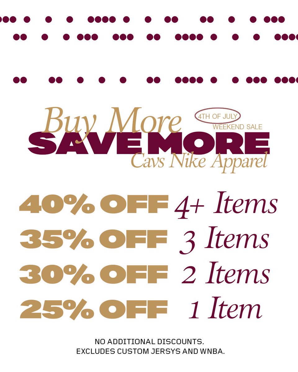 CavsTeamShop's tweet image. 4TH OF JULY WEEKEND SALE❕
All Nike Apparel:
• 40% off 4+ items
• 35% off 3 items
• 30% off 2 items
• 25% off 1 item
🔗 cavs.com/shop
@cavs | #LetEmKnow