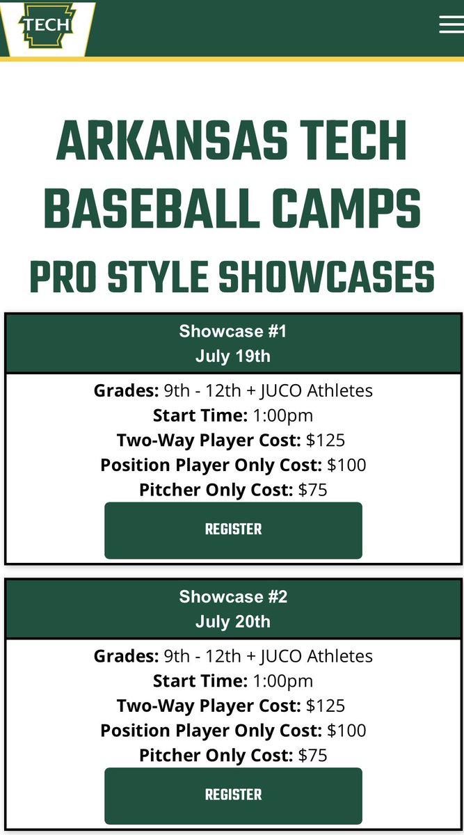 estesthethird's tweet image. We are 2 weeks away from our summer prospect camps. This is a great opportunity for you to be seen by the Arkansas Tech coaching staff. Sign up today! 🟢🟡

atechbaseballcamps.com