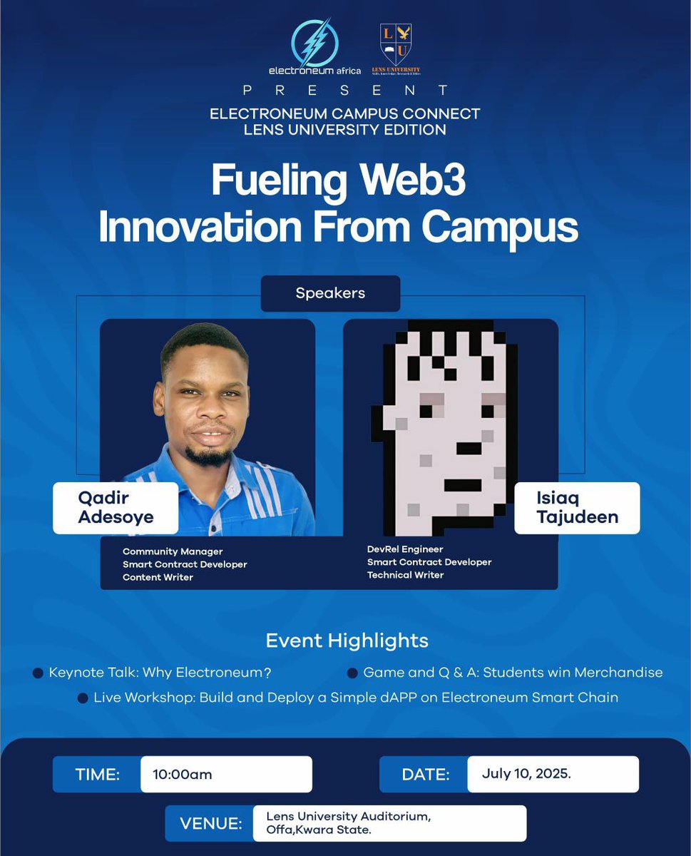 🚨 OFFA, are you ready?

Electroneum Campus Connect – Lens University Edition is coming in hot! 🔥

🎓 Fueling Web3 Innovation From Campus
📍 Lens University Auditorium, Offa
🗓️ July 10, 2025
🕙 10:00 AM

🎤 Keynote: Why Electroneum?
🧠 Workshop: Build &amp; Deploy dApps
🎁 Fun