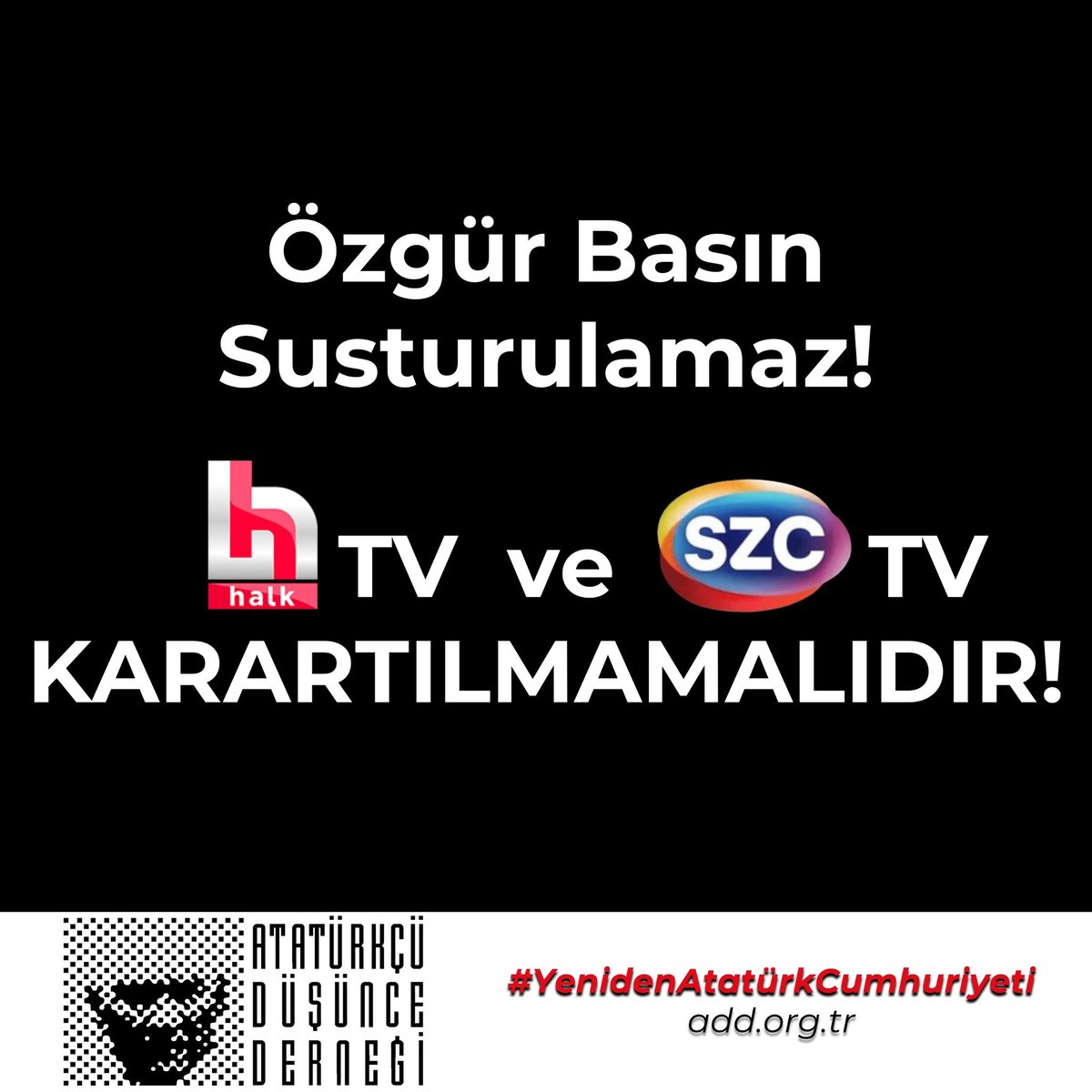 Özgür Basın Susturulamaz! 
Halk TV ve Sözcü TV Karartılmamalıdır! 

#HalkTVninYanındayım 
#SözcüTVninYanındayım 
#ÖzgürBasınSusturulamaz