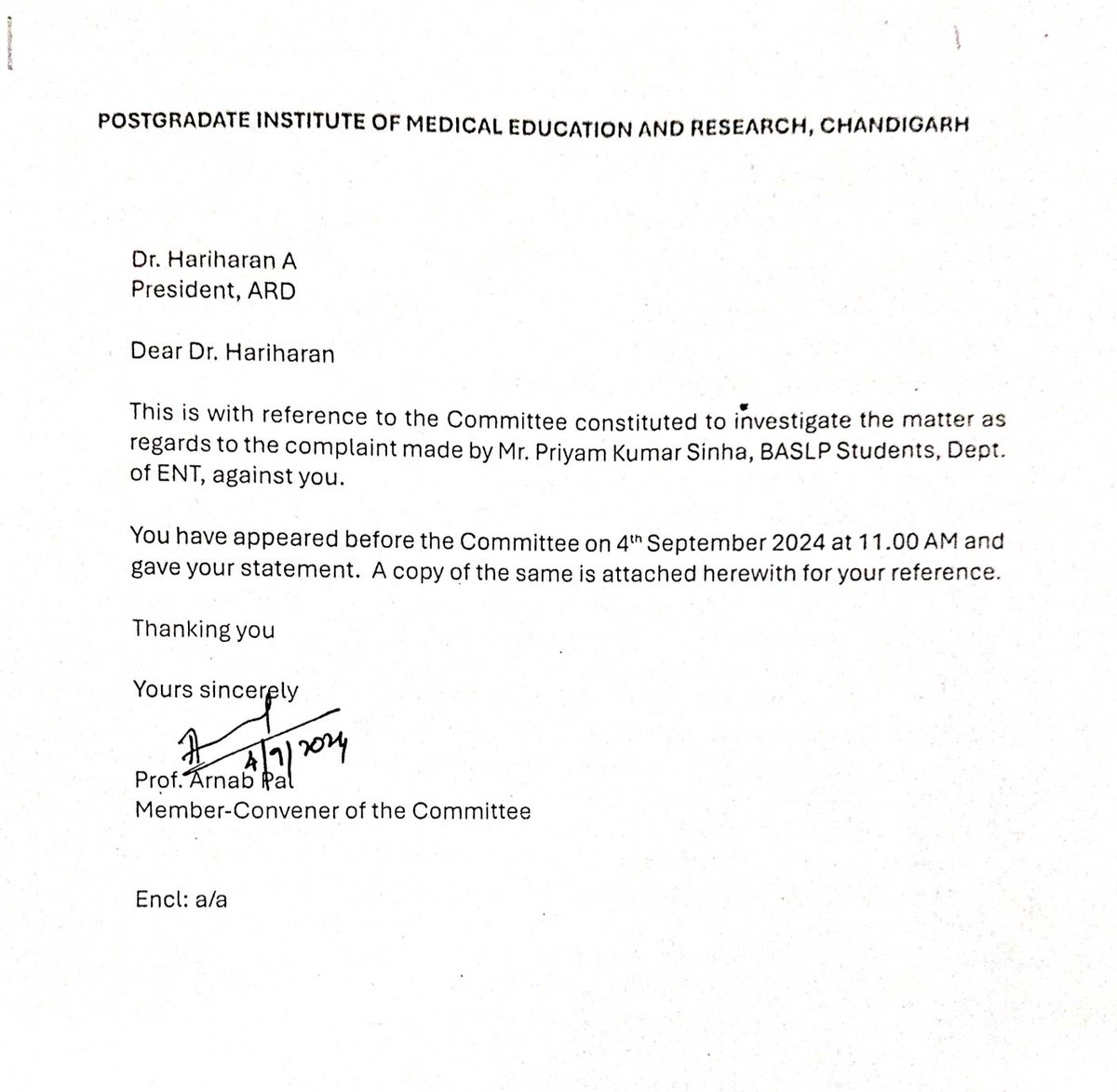 DrDatta_AIIMS's tweet photo. 🚨The fake ragging charge🚨

Aug ’24: 

A BASLP student files a ragging FIR against Hariharan. PGIMER’s own committee heard him on 4 Sept &amp; found no evidence yet the smear stuck!

📁Committee summon letter and Hariharan’s rebuttal exposing the plot. ⬇️ https://t.co/4ELdg7Yfjp