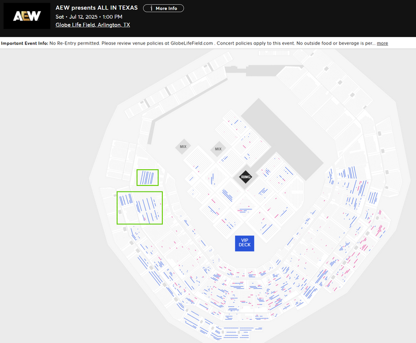 WrestleTix's tweet photo. AEW All In: Texas
Sat • Jul 12, 2025 • 1:00 PM
Globe Life Field, Arlington, TX

Available Tickets: 3,251
Current Setup: 23,740
Tickets Distributed: 20,489

📈 +1,029 since the last update (4 days ago)
📅 Days until show: 7
🔢 Total # of seats on map: 42,234
⏮ Venue debut
💰 Resale: 793
💵 Cheapest Ticket Available (standard admission): $38.60
🗒️ New sections added as highlighted below. Seats came back to sections that were previously opened.