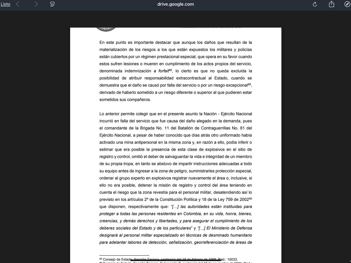 Interesante y muy importante sentencia en favor de las víctimas de las minas antipersonales o para ser más precisos de la guerra sucia, traicionera y eterna con utilización de minas de esta naturaleza. 
El <a href="/consejodeestado/">Consejo de Estado</a> imputa por falla en el servicio y reconoce la