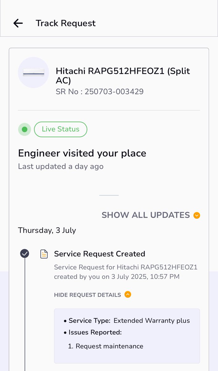 bedikunaal's tweet photo. Technician updating fake work status. Raised a complaint on 4th &amp; no visit has happened. What nonsense are you giving @onsitego @onsitegoindia 
And shame on @HitachiAC_GB for recommending such pathetic service partners from their authorised exclusive showrooms! https://t.co/fHg1RtMq7Y
