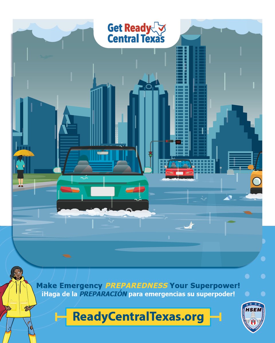 Be sure to know the dangers that can come with heavy rain &amp; flash flooding. As little as 6 inches of water can cause unsafe driving conditions.
🛑Never drive around barricades.
🛑Don't walk, swim or drive through flood waters.
🛑Turn Around, Don’t Drown!
📌ReadyCentralTexas.org
