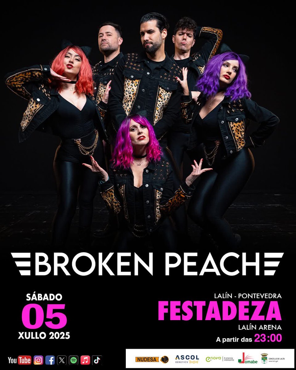 💥Peaches! Hoy sábado estaremos actuando en Concello de LALÍN, en #Festadeza. ¿Nos vemos allí? 🍑

🗓 Sábado 5 de julio de 2025
📍 Lalín Arena - Lalín (Pontevedra)
⏰ A partir de las 23:00h
🎟 Gratis