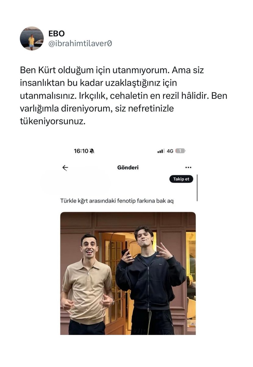 Ebo, kendisi hakkında yapılan paylaşıma yanıt verdi.

"Ben Kürt olduğum için utanmıyorum ama siz insanlıktan bu kadar uzaklaştığınız için utanmalısınız."