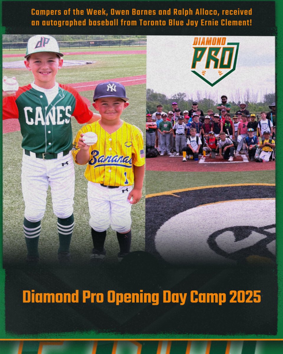 Diamond Pro Opening Day Summer Camp is in the books!

We had great first week of baseball with our young campers. 

Congratulations to Owen Barnes and Ralph Alloco being voted campers of the week and receiving a signed baseball from Toronto Blue Jay, Ernie Clement!

#DPnation