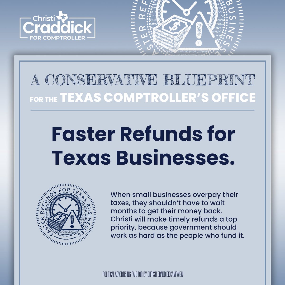 ChristiCraddick's tweet image. Small businesses deserve a government that works as hard as they do.
As Comptroller, I’ll prioritize faster tax refunds and fewer bureaucratic delays, because when Texans overpay, they shouldn’t have to wait months to get their money back.