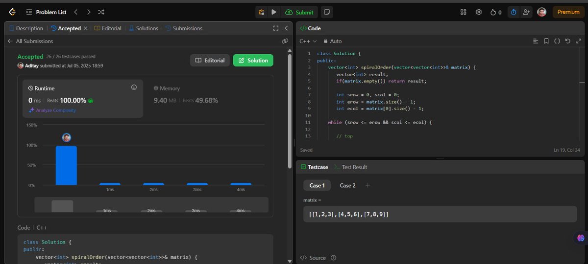 aditay_adi's tweet image. 🎯 Day 1 of My LeetCode Journey – Solved Problem #54: Spiral Matrix
For Day 1, I chose Problem 54: Spiral Matrix. It looked simple at first glance, but here’s what I actually went through before that satisfying “Accepted&quot;.#dsa #spiralmatrix #problemsolving #cpp #codenewbie