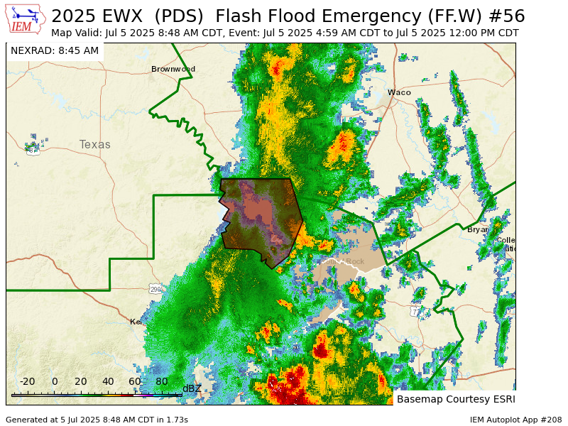 Iembot_emerg's tweet image. EWX extends time of Flash Flood Emergency [flash flood: radar and gauge indicated, flash flood damage threat: catastrophic] for Burnet, Travis, Williamson [TX] till Jul 5, 12:00 PM CDT mesonet.agron.iastate.edu/vtec/f/2025-O-…