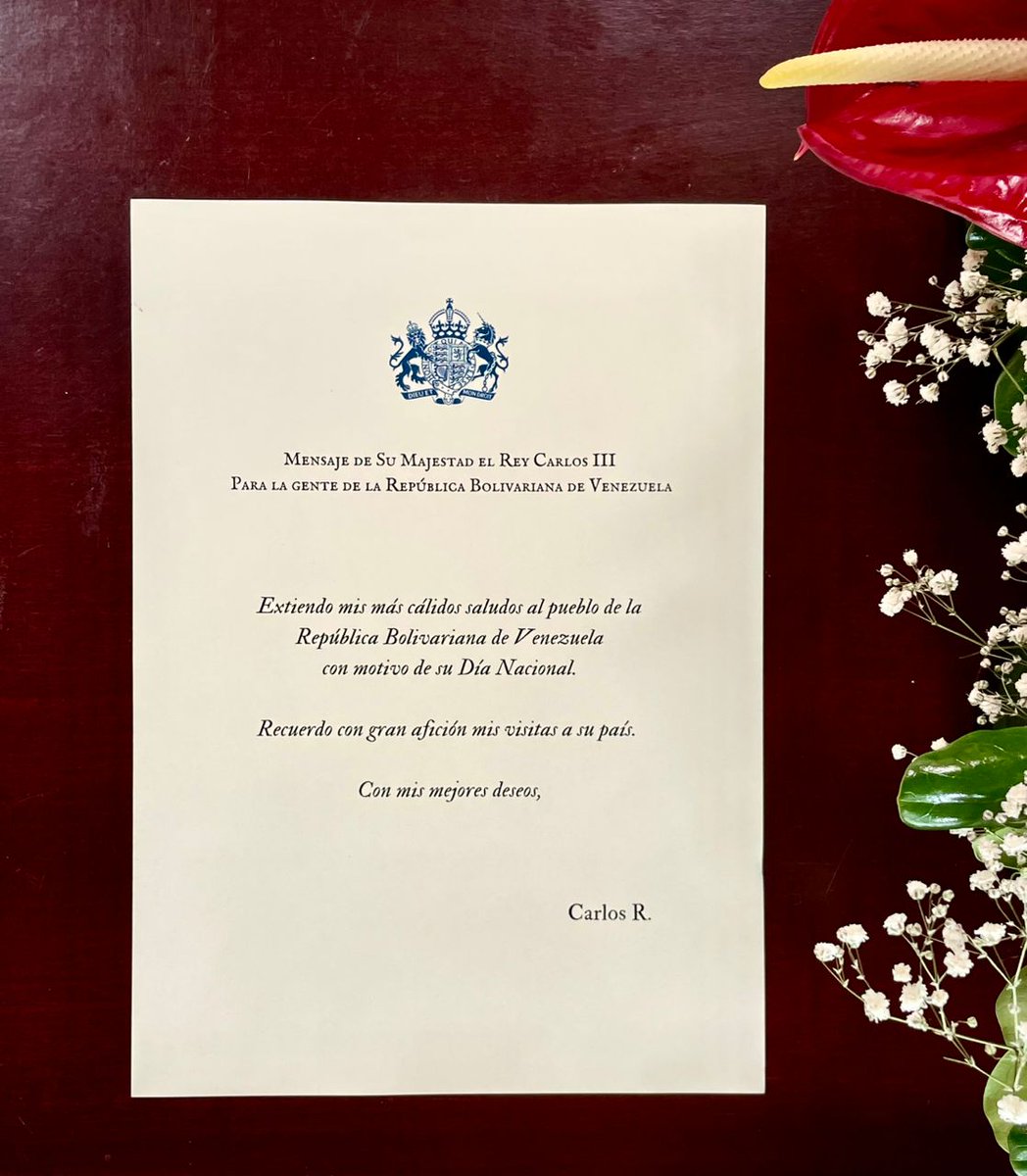 Es un honor compartir el mensaje de Su Majestad el Rey Carlos III con motivo del #5Julio, Día de la Independencia de #Venezuela.

Extiendo también mis mejores deseos para todos los venezolanos en su Día Nacional. Es un privilegio representar al #ReinoUnido en este país. 🇬🇧🤝🇻🇪