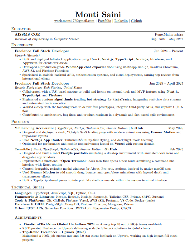 MontyDevX's tweet image. Just updated my resume

Not from a tier 1 college failed in JEE but knew one thing this 4 years matter alot
So started learning to code spend entire 1st year in learning, got the opportunity to work with global clients using Upwork did freelancing for entire 2nd year.
Thread🧵