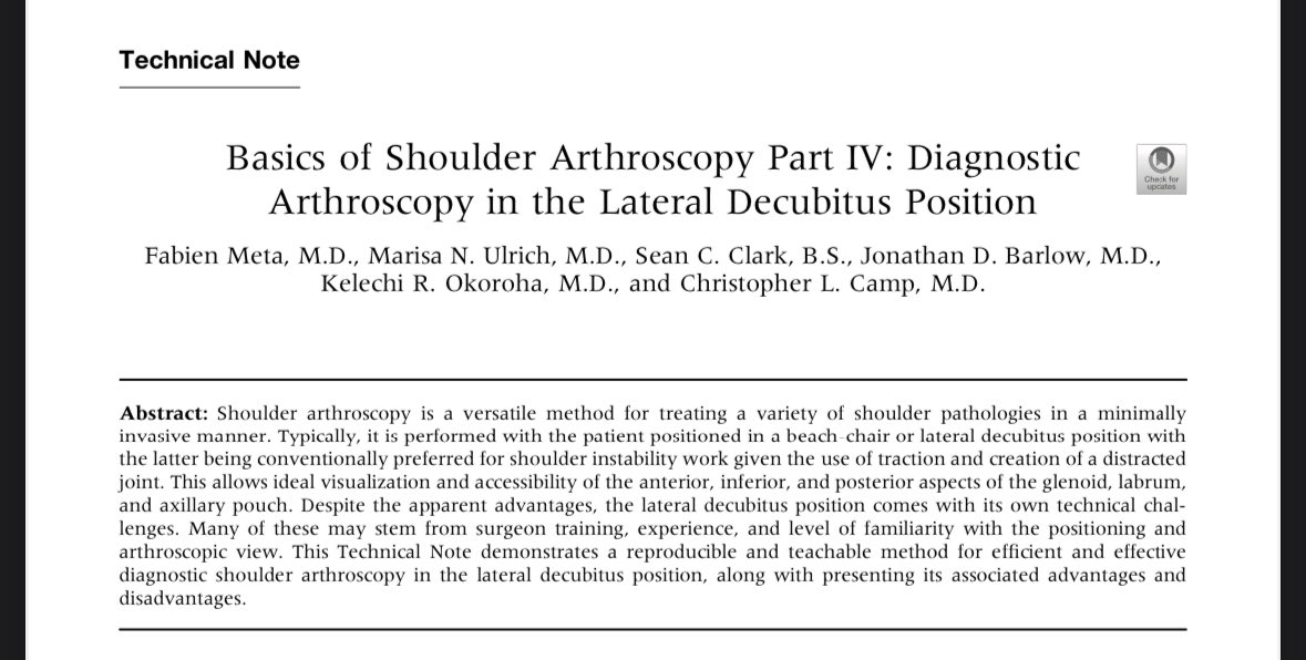 ChrisCampMD's tweet image. Basics of Shoulder Arthroscopy Part 4️⃣:
Learn basics of Diagnostic Scope in Lateral Decubitus Position with this free video and manuscript 👇
👀 Video here: sciencedirect.com/science/articl…
@ArthroscopyJ @AANAORG @mayoclinicsport @MayoOrthoRes @MayoOrtho @reeses_pieces3 @DoctorOkoro