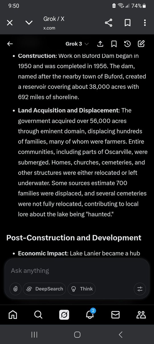Wendysfunplace's tweet image. For those of you who may be wondering about Lake Lanier in Georgia, here are some facts courtesy of grok. Not only was an entire town flooded but several cemeteries were also flooded.
