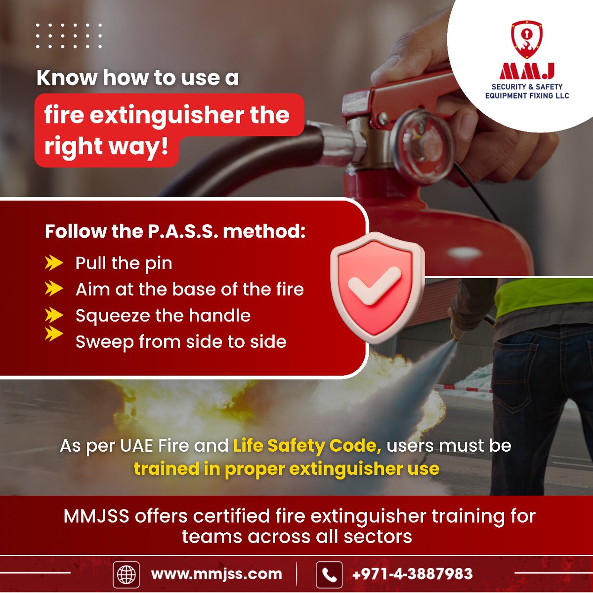 MMJSS2's tweet image. A fire extinguisher is only effective if you know how to use it.

𝗖𝗼𝗻𝗻𝗲𝗰𝘁 𝘄𝗶𝘁𝗵 𝗠𝗠𝗝𝗦𝗦 𝘁𝗼𝗱𝗮𝘆!
🌐𝐕𝐢𝐬𝐢𝐭: mmjss.com
☎𝐂𝐚𝐥𝐥 𝐮𝐬 𝐚𝐭: +971-4-3887983
📩𝐌𝐚𝐢𝐥: info@mmjss.ae

#FireExtinguisherTraining #PASSMethod #MMJSS #FirePreparedness