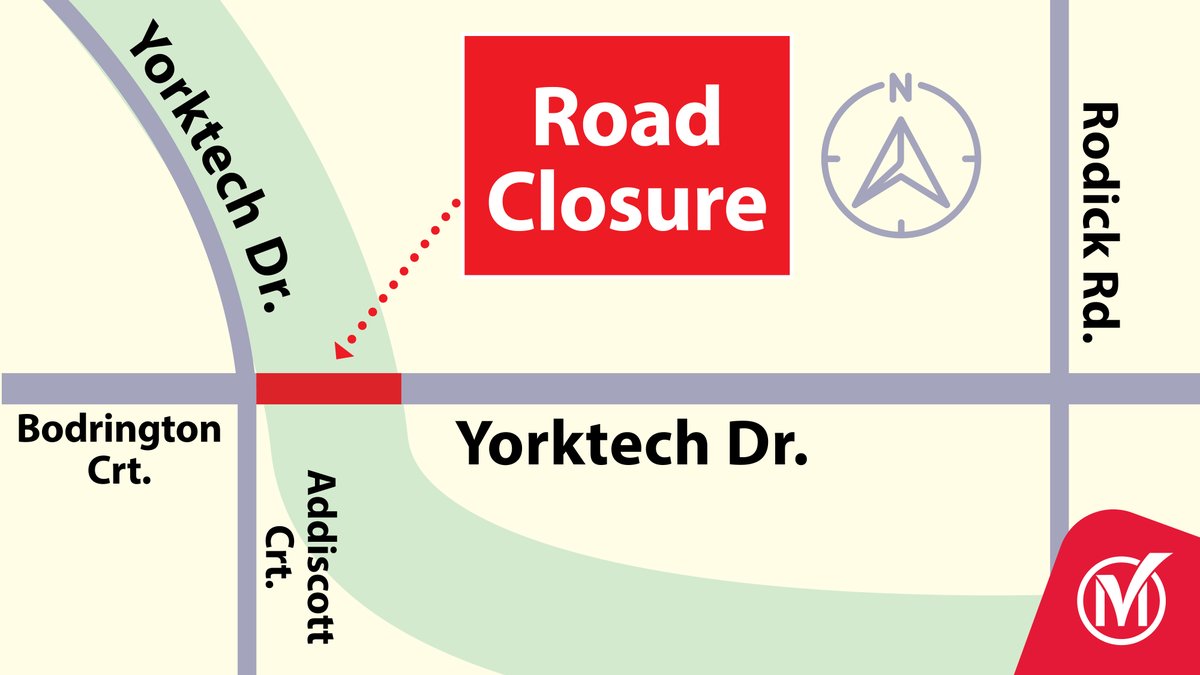 Road closure notice

Yorktech Drive, from Addiscott Court to Rodick Rd, will be closed from July 7 to August 29 for construction. 

No through traffic will be permitted. Detours will be in place.

Thank you for your patience and understanding.