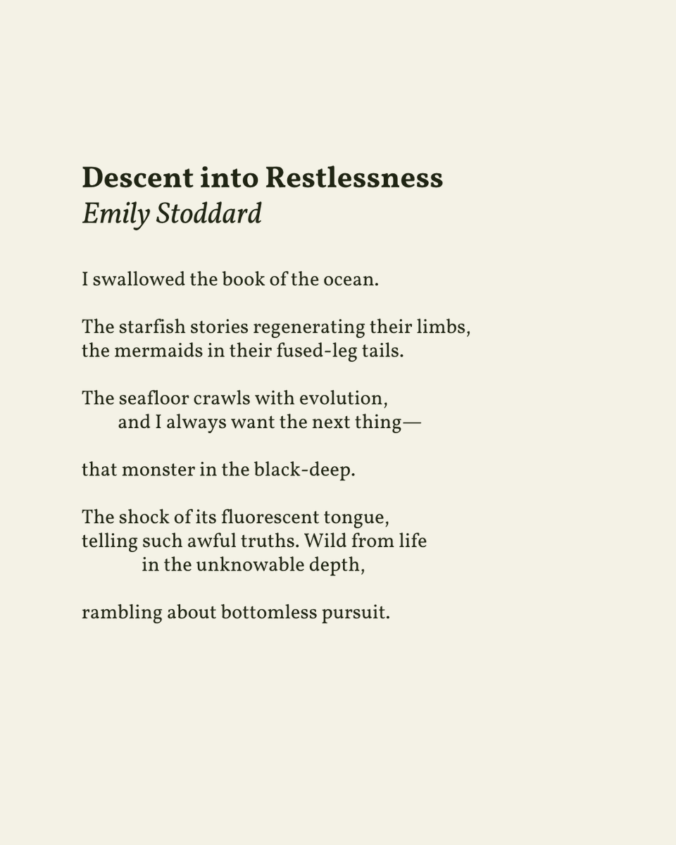 readalittlepoem's tweet image. “The seafloor crawls with evolution, / and I always want the next thing— / that monster in the black-deep.”
— Emily Stoddard
.
.
.
This poem appeared in Menacing Hedge, Summer 2015. Shared here with deep gratitude.