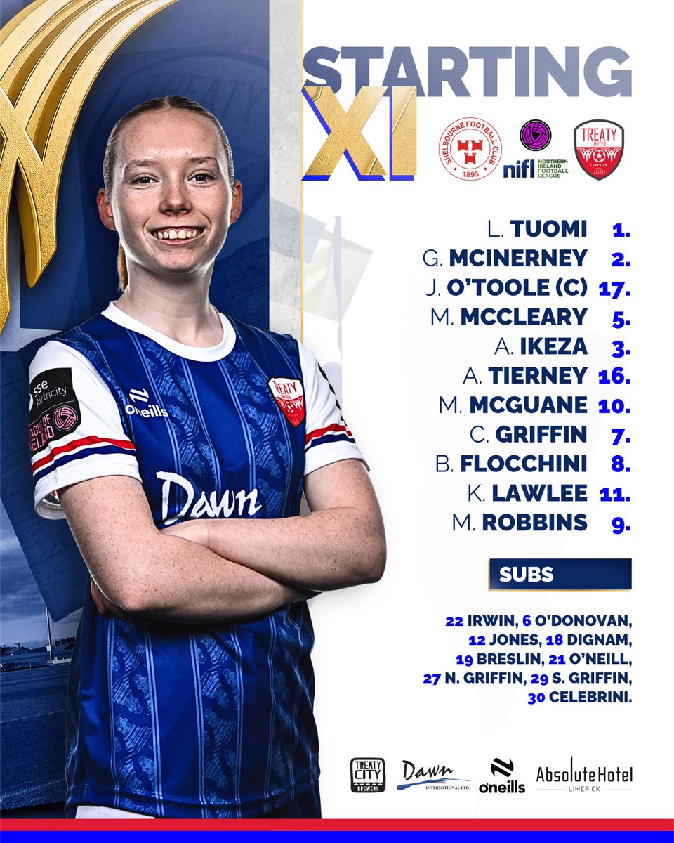 𝗟𝗶𝗻𝗲-𝗨𝗽!

Here's how Sean Russell's side line out for today's All-Island Cup Quarter Final ⚽

Carelon Academy player Sadhbh Griffin makes the matchday squad for the first time 👏

#WeAreTreaty