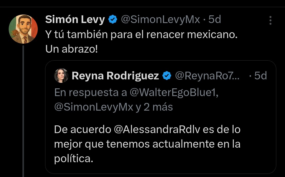 Conecta los puntos! Esta captura de X revela las conexiones: Simón Levy alaba un supuesto 'renacer mexicano', Reyna Rodríguez lo respalda, y Alessandra Rojo de la Vega es elogiada como 'lo mejor' en política.  ¿Casualidad? Es el nuevo draft de la Marcha Rosa 🤦🏻‍♂️