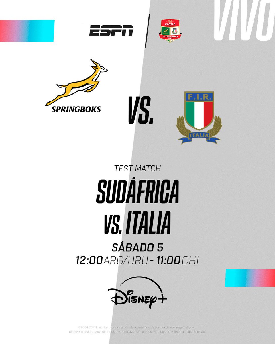#TESTMATCH | Sábado 12:00 (ARG/URU) con <a href="/EuseGuinazu/">Euse Guiñazu</a> hacemos #Sudáfrica vs #Italia por la ventana internacional de julio a través de #DisneyPlus! 🏉⭐