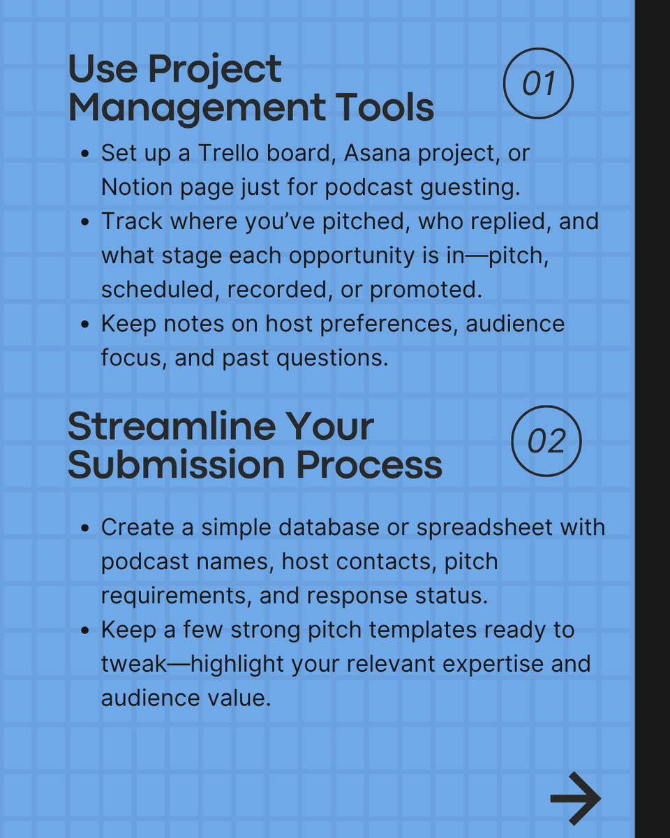 podcastacademy's tweet image. ✨ Want more visibility without the chaos?
Being a #podcast guest is a great way to grow your reach—but without a system, bookings, deadlines, and follow-ups can get messy fast.
Swipe for 4 smart ways to stay organized, impress hosts, and make every guest spot count!