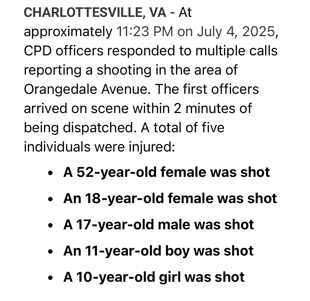 #DEVELOPING CPD investigating a shooting that happened off of Orangedale Ave last night. 5 people were injured, 3 of them being children. 

<a href="/CBS19News/">CBS19 News: Charlottesville News First</a>