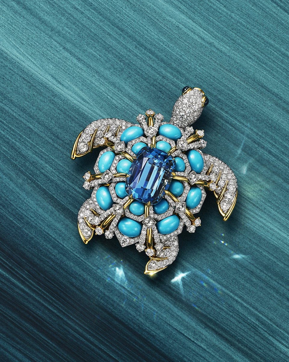 The Sea Turtle brooch from Blue Book 2025: Sea of Wonder shows the grace of the creature. Centered by aquamarine and adorned with cabochon turquoise, cabochon sapphires and round brilliant diamonds, it shows the House’s devotion to crafting masterpieces: tiffany.com/high-jewelry/b…