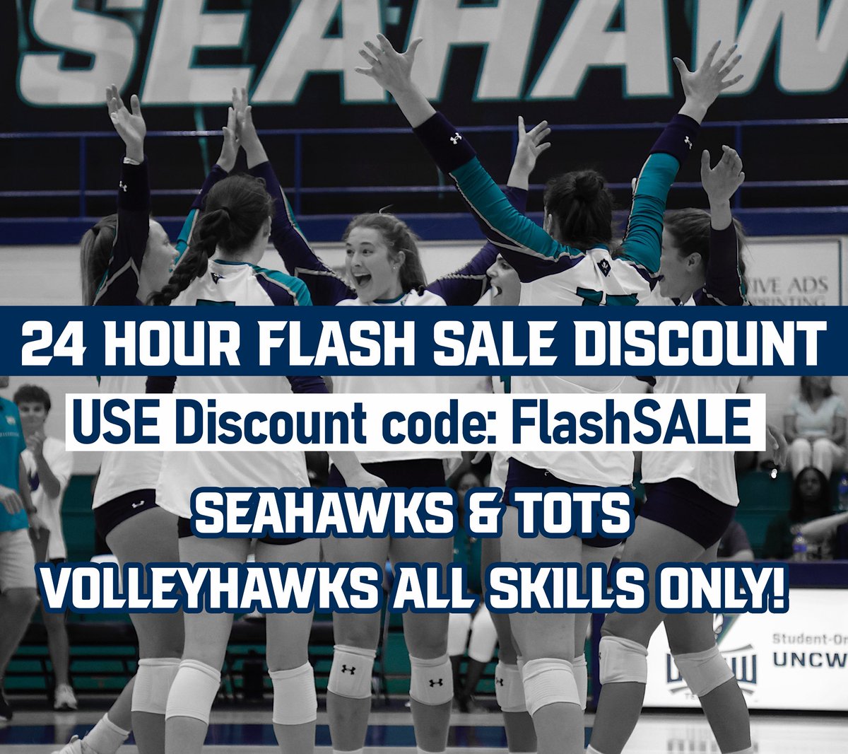 24 hours ONLY! 

Use discount code FlashSALE at check out to take $50 off SeaHawks &amp; Tots or VolleyHawks All Skills!
 
Code: FlashSALE 

Only eligible for Seahawks &amp; Tots Beginner Clinic and VolleyHawks All Skills Camps. Must register before July 7!

🔗 bit.ly/44vvNPB