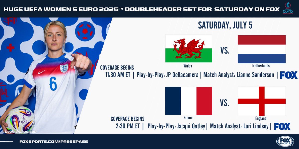 FOX Sports PR (@foxsportspr) on Twitter photo Super Group Stage Saturday on FOX for UEFA Women’s EURO 2025! England, France, Netherlands and Wales all make their <a href="/WEURO2025/">UEFA Women's EURO 2025</a> debuts with coverage set for 11:30 AM ET. Super Group Stage Saturday on FOX for UEFA Women’s EURO 2025! England, France, Netherlands and Wales all make their <a href="/WEURO2025/">UEFA Women's EURO 2025</a> debuts with coverage set for 11:30 AM ET.