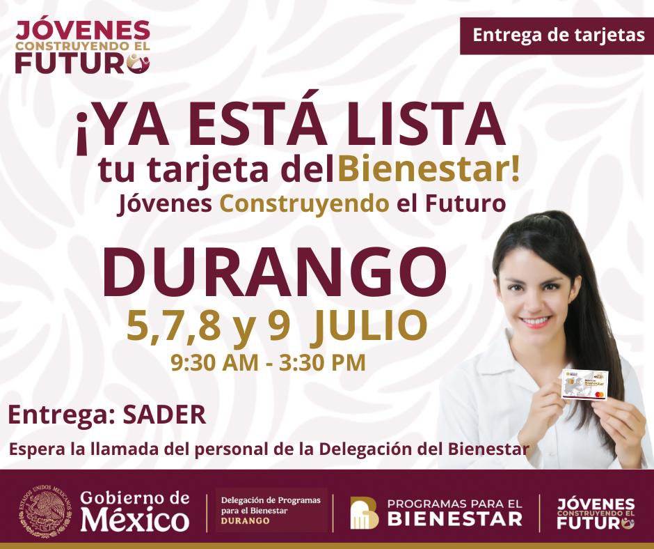 📢 ¡Atención Durango!

Ya está lista la Tarjeta de Bienestar para los beneficiarios de Jóvenes Construyendo el Futuro 💳🙌

Acude a recogerla según las indicaciones oficiales y continúa con tu proceso.

#JóvenesConstruyendoElFuturo #Bienestar #Durango #Noti12