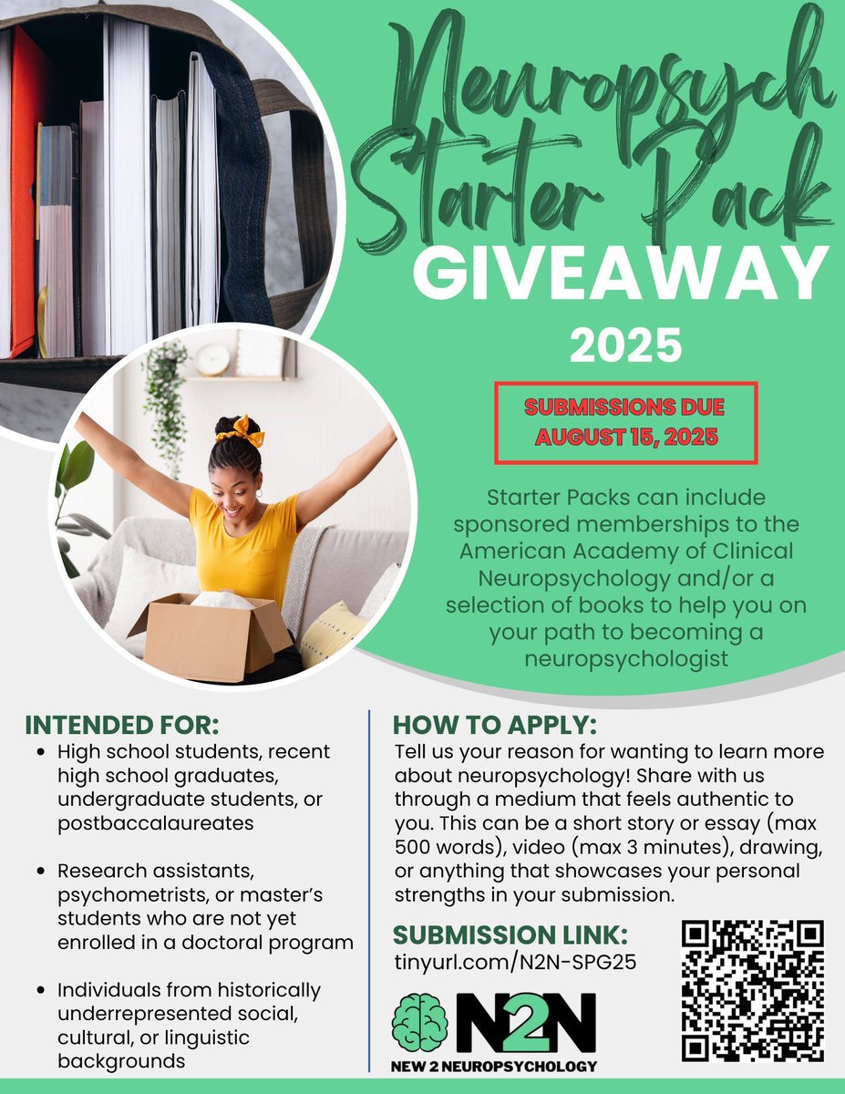 New2Neuropsych's tweet image. 🎉 Aspiring neuropsychologists — this one’s for you! ⬇️

Share with us your reason for wanting to learn more about #neuropsychology (through a medium that feels authentic to you!) for a chance to score a #NeuropsychStarterPack 📚🧠

🗓️ Apply by 8/15 ⬇️
🔗 tinyurl.com/N2N-SPG25