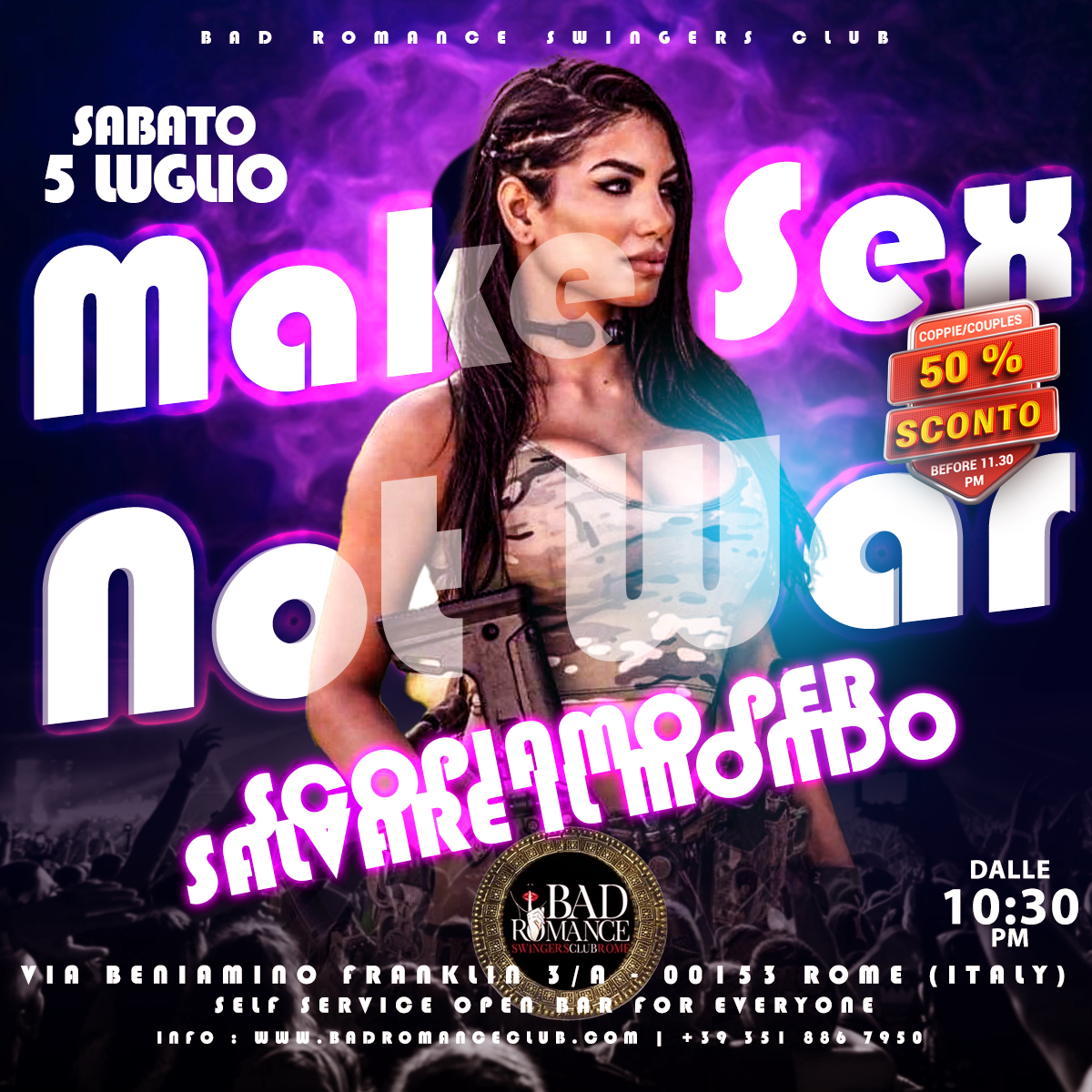 Questa sera 05/07/2025
#EVENTO 
"Make Sex..Not War"
Ci sono tanti bei modi e motivi di fare pace

Bad Romance Swingers Club Roma
Via Beniamino Franklin 3/A 
info +39 351 8867950

Web Site:
BadRomanceClub.com