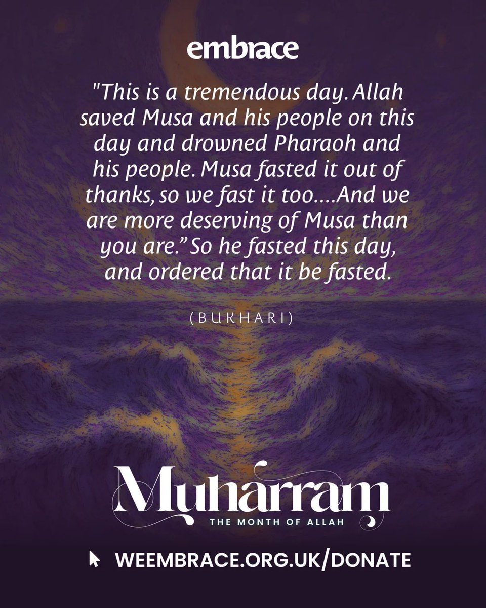 weembraceuk's tweet image. 🌟 The Greatness of Ashura 🌟
Ashura is a day of divine mercy when Allah saved Prophet Musa (AS) and his people from Pharaoh’s tyranny.
A day to remember Allah’s power, mercy, and justice — inspiring us to stay steadfast in faith and gratitude. 🤲✨
#Ashura #ProphetMusa
