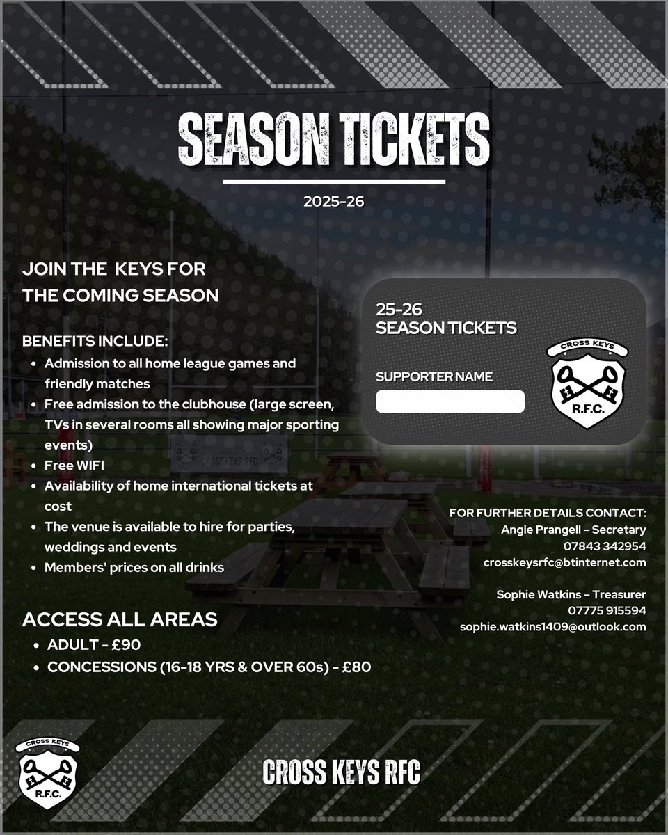 Cross Keys RFC (@crosskeysrfc) on Twitter photo ๐๏ธ | ๐ฎ๐ฌ๐ฎ๐ฑ-๐ฎ๐ฒ ๐ฆ๐๐๐ฆ๐ข๐ก ๐ง๐๐๐๐๐ง๐ฆ
Season tickets are now available at the club.
Access All Areas to watching rugby every Saturday
- Adults ยฃ90
- Concessions (16-18 yrs & Over 60s) ยฃ80
Ask at the bar for a season ticket form!
#CrossKeysRFCย #Rugbyย #UpTheKeysย ๐๏ธ ๐๏ธ | ๐ฎ๐ฌ๐ฎ๐ฑ-๐ฎ๐ฒ ๐ฆ๐๐๐ฆ๐ข๐ก ๐ง๐๐๐๐๐ง๐ฆ
Season tickets are now available at the club.
Access All Areas to watching rugby every Saturday
- Adults ยฃ90
- Concessions (16-18 yrs & Over 60s) ยฃ80
Ask at the bar for a season ticket form!
#CrossKeysRFCย #Rugbyย #UpTheKeysย ๐๏ธ