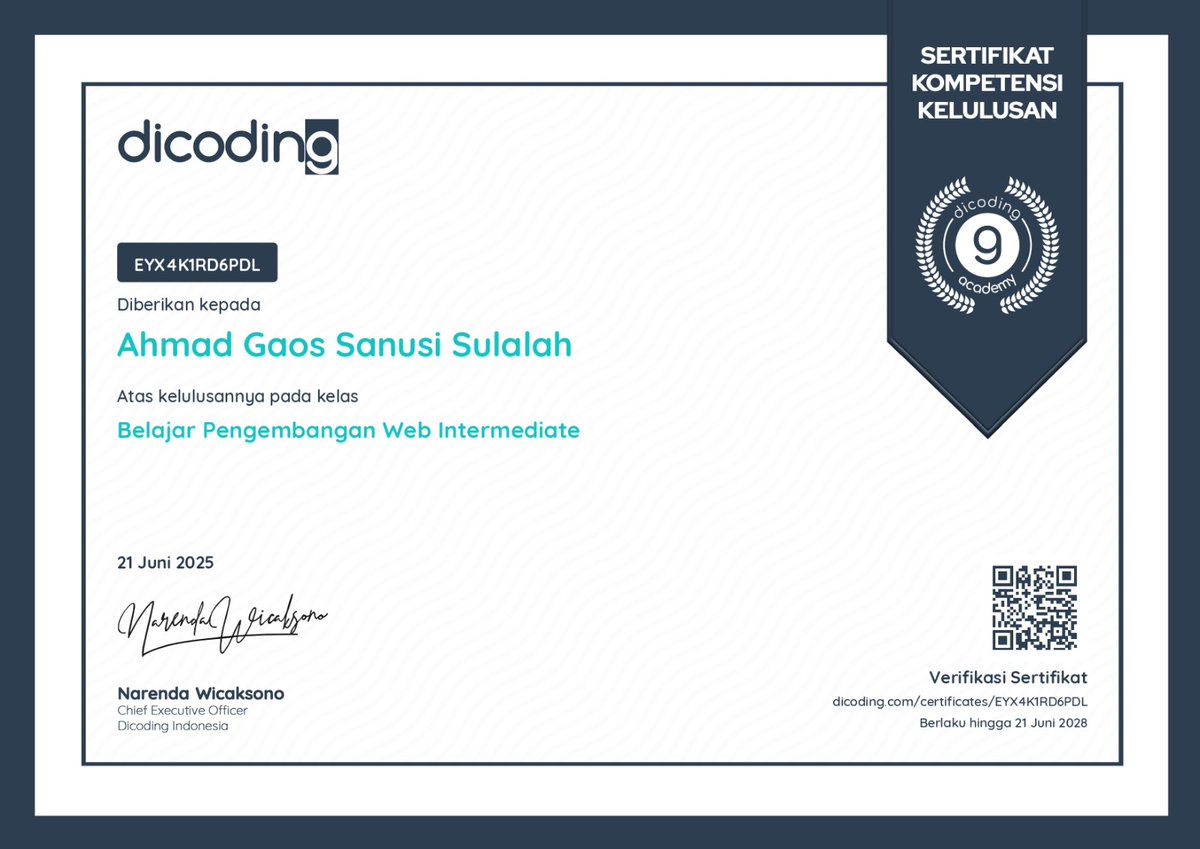 oscode04's tweet image. Just completed the Intermediate Web Development course!
Learning how to build structured, dynamic, and responsive web applications was both challenging and exciting.
Onwards to the next level!
@dicoding
#LifeAtCodingCamp #LearnAtDicoding #DBSFoundationID #Dicoding