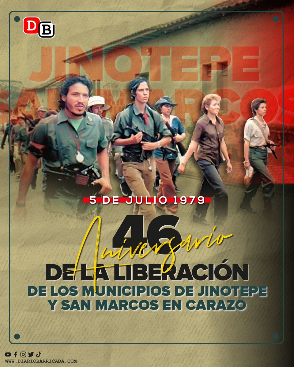 Hace 46 años, el 5 de julio de 1979, el pueblo valiente de Jinotepe y San Marcos alzó la bandera de la libertad, expulsando a la Guardia Somocista y sellando un capítulo heroico en la lucha insurreccional. 
#Nicaragua 
#Historia