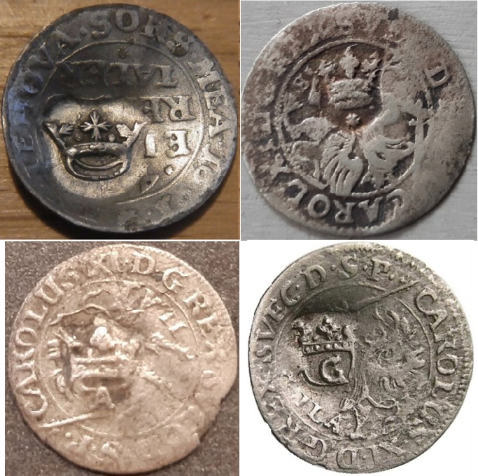 Myntsidan's tweet photo. Countermarked Swedish possession coins from Pomerania around 1690. Stralsund, Stettin, Greifswald and Anklam https://t.co/mzyEVfPC9D