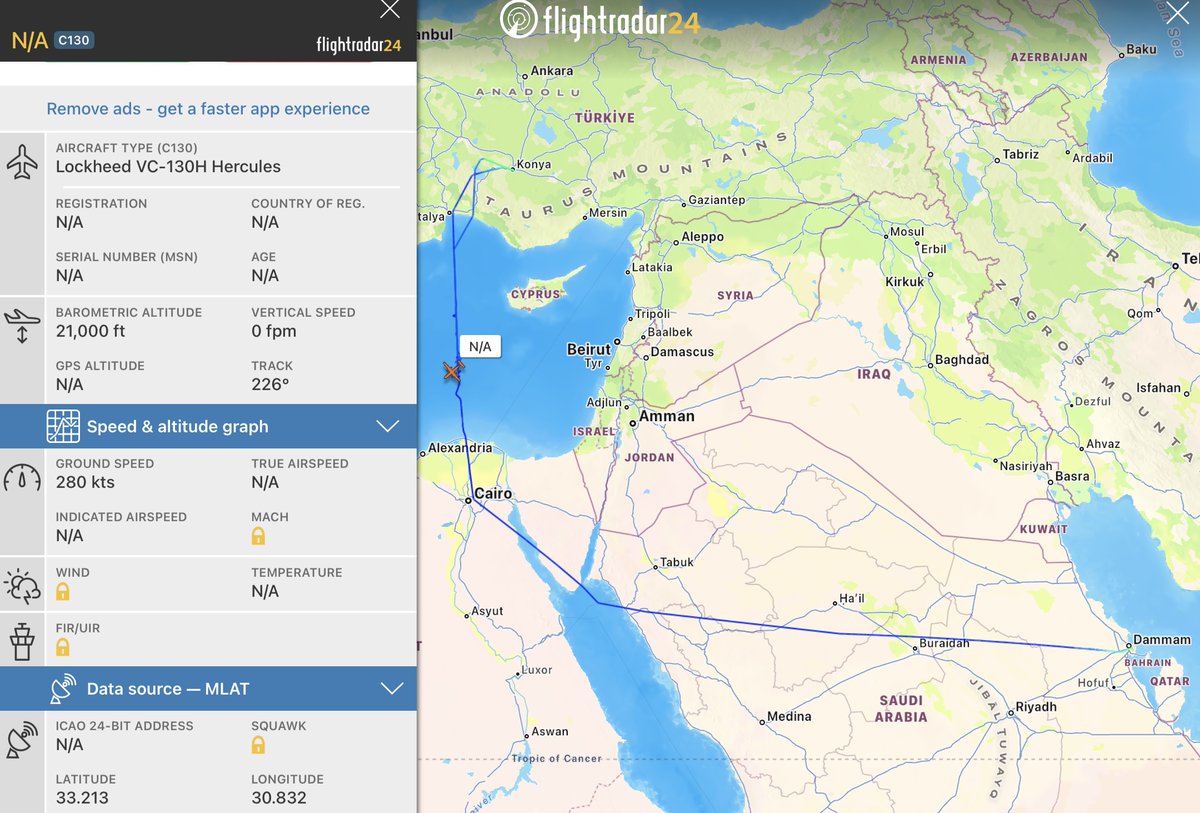 Cecilia Sykala (@ceciliasykala) on Twitter photo Unknown Lockheed VC-130H Hercules left King Abdulaziz Air Base Saudi Arabia, flew to Türkiye, on way back. Currently over Egypt.
<a href="/Borrowed7Time/">Johnny Gemini</a> <a href="/ClarkKe49569692/">Clark Kent</a> Unknown Lockheed VC-130H Hercules left King Abdulaziz Air Base Saudi Arabia, flew to Türkiye, on way back. Currently over Egypt.
<a href="/Borrowed7Time/">Johnny Gemini</a> <a href="/ClarkKe49569692/">Clark Kent</a>