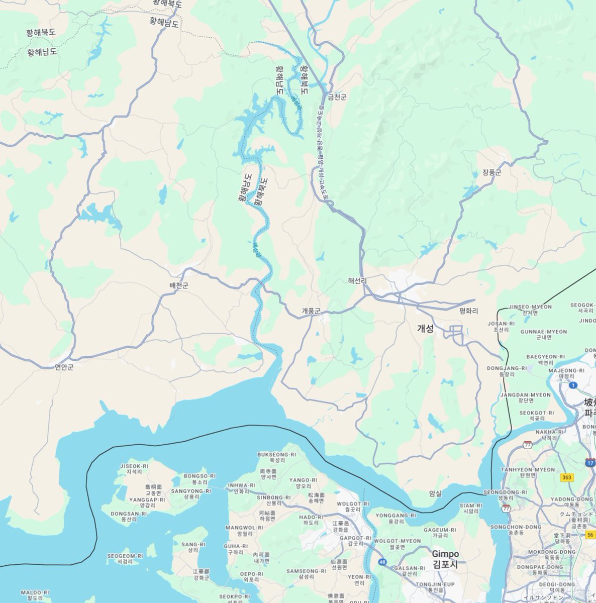 韓国北側の漢江河口に近い北朝鮮の川がネイバー地図から消えている。 Googleマップ、Yahooマップ、百度地図（中国の地図）ではまだ表示されている。
