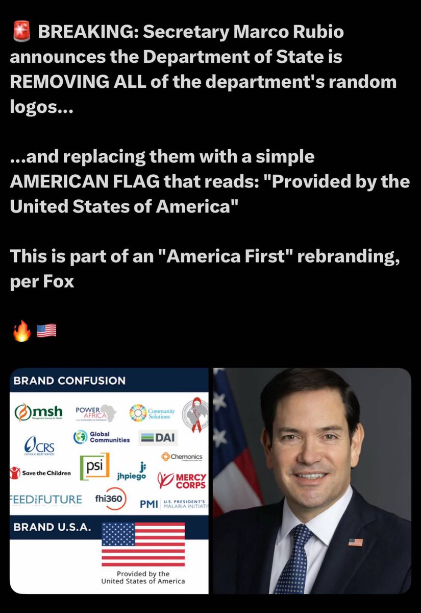 WE ARE THE UNITED STATES OF AMERICA:
Secretary Rubio is replacing all of the department logos with an American flag. We aren’t a bought and sold corporation any longer. We’re the United States of America and we are not the world. We stand for the American people and are America