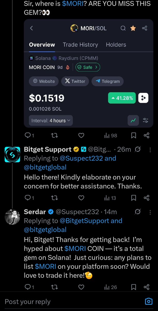 Suspect232's tweet image. Bitget Mystery!
Just asked Bitget about listing $MORI, and they replied—then deleted it!  Answer was neither yes nor no.
What do you think—will Bitget be the one? Drop your guesses below!

#Crypto #Trading #MORI #Bitget #BTC #ETH #memcoin
