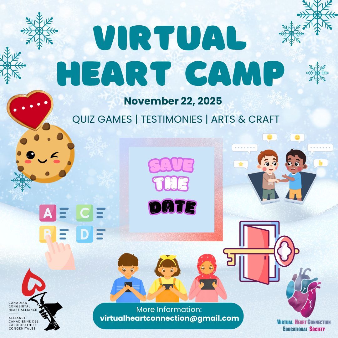Virtual Heart camp will be November 22, 2025.  Save the date and watch this spot for registration details coming soon./ Le camp virtuel du cœur aura lieu le 22 novembre 2025. Réservez la date et surveillez ce spot pour les détails d'inscription à venir. 
#CHD #1in100 #virtualcamp