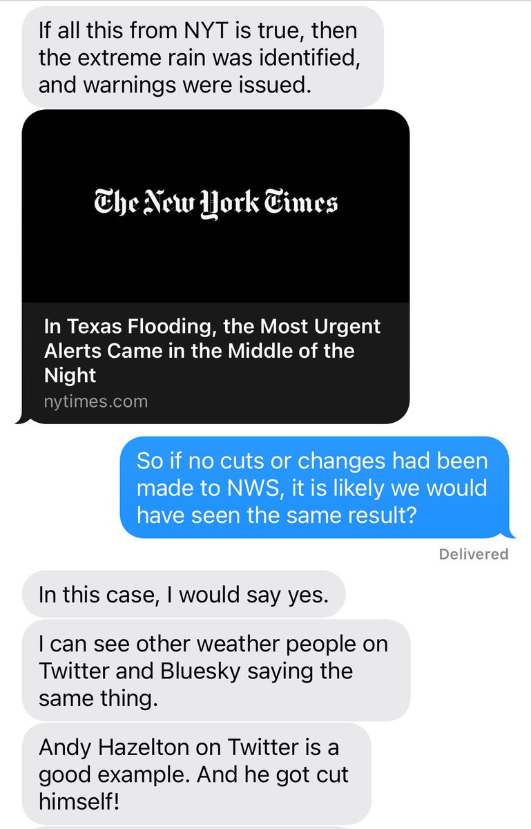 Asked a weather scientist about the discussion on social media blaming Trump National Weather Service cuts for the loss of life in Texas over the storms

He said no evidence for that (and he didn’t vote for Trump, btw). He pointed to other experts saying the same thing