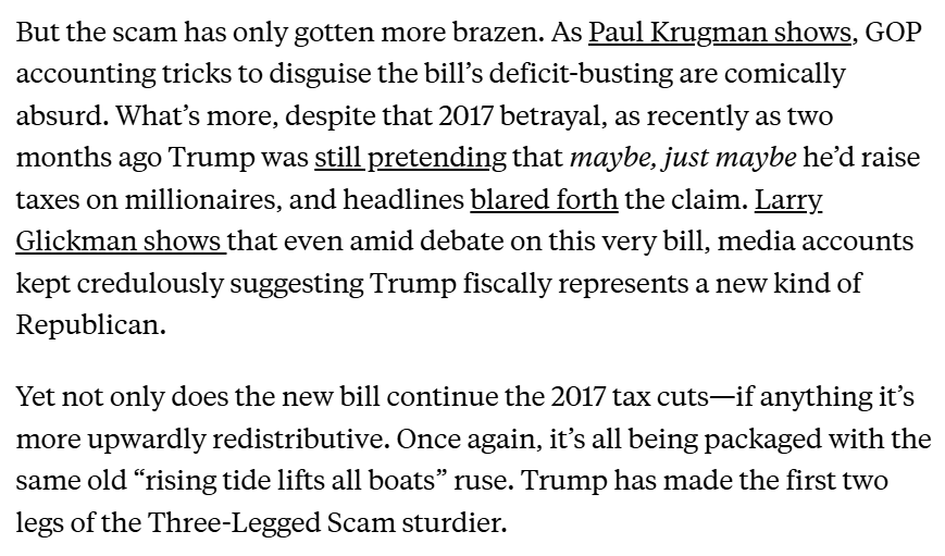 For 50 years GOP has used 3 big scams:

*deficits pose dire threat only when Dem is in WH
*tax cuts for rich pay for themselves
*safety net cuts needed to purge welfare cheats

w/this bill, Trump's "working class GOP" is supercharging all three

New piece

newrepublic.com/article/197600…