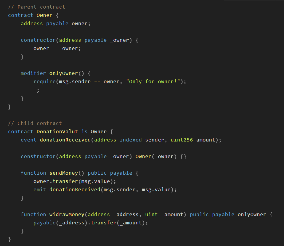 arpit1551's tweet photo. So today I made a parent contract with an onlyOwner modifier 👨‍👦
Then extended it into DonationVault, added donation logic, emit events &amp; withdrawal using transfer 🚀
Started using constructor, payable, transfer — it's feelin like real-world dev now 😭🔥#Solidity #SmartContracts https://t.co/3UMV2ret9I